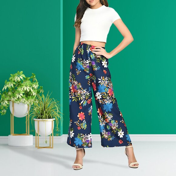 Women's Soft Cotton Blended Loose Fit Wide Leg Comfort Palazzo Printed Pants - Picture 4 of 16